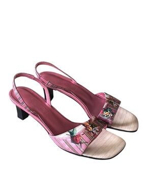LN Jcon Vintage Pink Leather Royal Court Jester Kitten Heel Sandals - 6